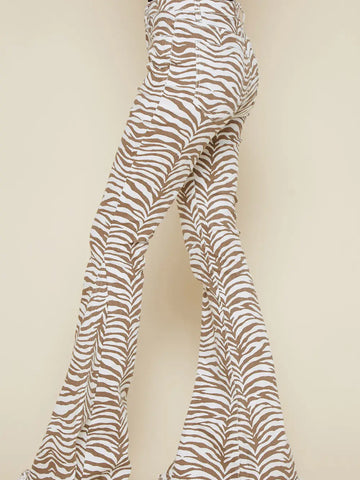 Ivory Taupe Western Tiger Print Denim Flares