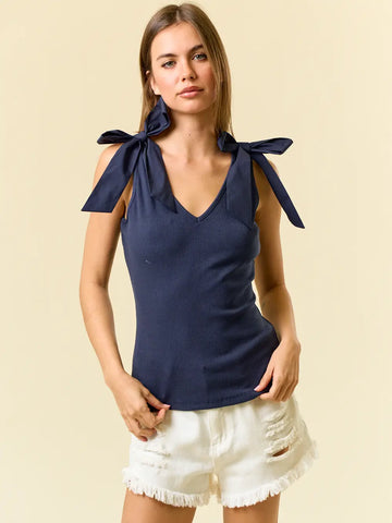 Ribbed V-Neck Bow Tie Tank
