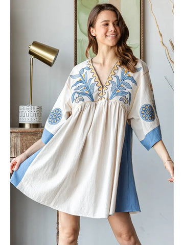 Boho Embroidered Babydoll Dress blue