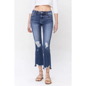 Mid Rise Slant Step Hem Crop Kick Flare Jeans