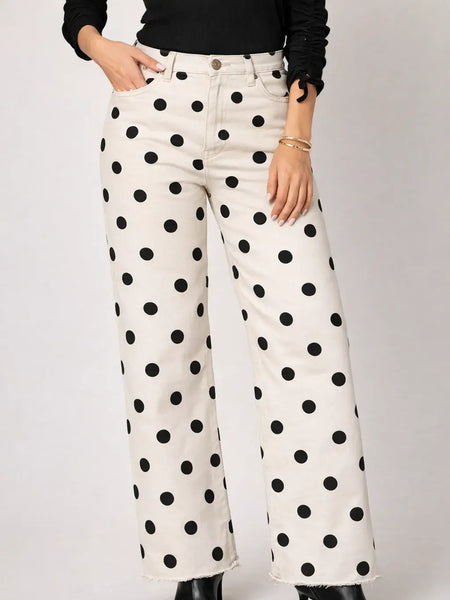 Cafe Polka Dot 31" Inseam Wide Leg Fray Hem Jean