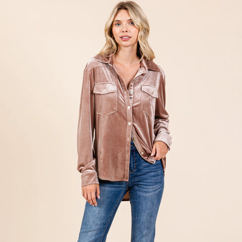 Velvet Button Down Blouse Top-blush