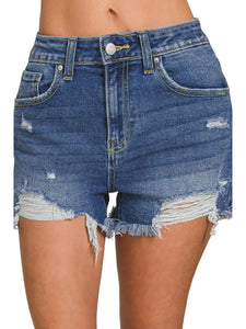 Distressed Hem Dark Wash Denim Shorts(S-XL)
