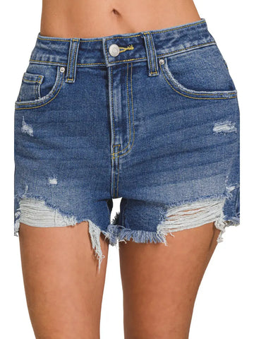 Distressed Hem Dark Wash Denim Shorts(S-XL)