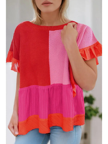 Women Colorblock Ruffle Short Sleeve Sweater Top