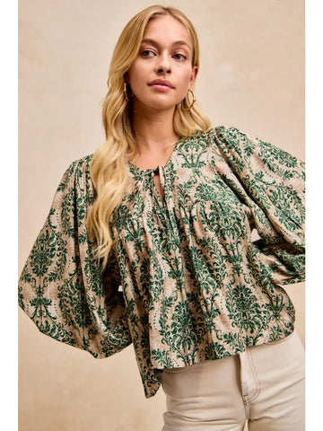 Printed Woven Front Tied Top with Baloon Sleeve