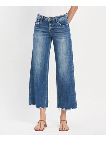 Mid Rise Medium Dark Wash Raw Hem Wide Jeans
