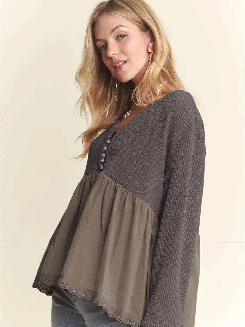 Mineral Washed Babydoll Tunic Top- GRAY