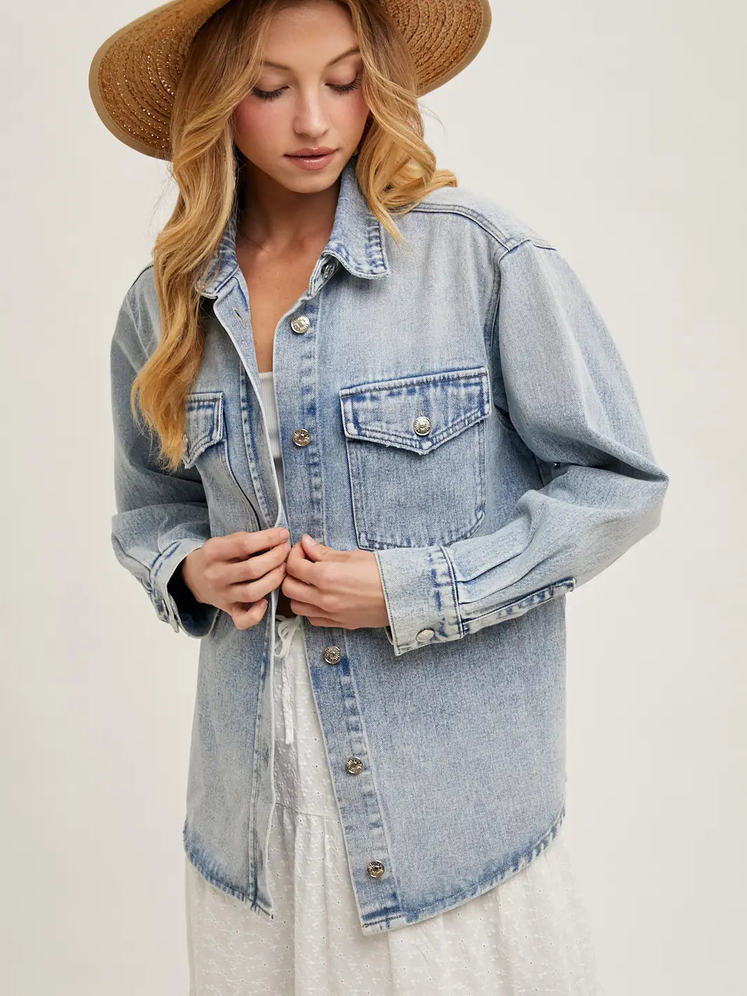 Washed Denim Button Down Shirt Jacket