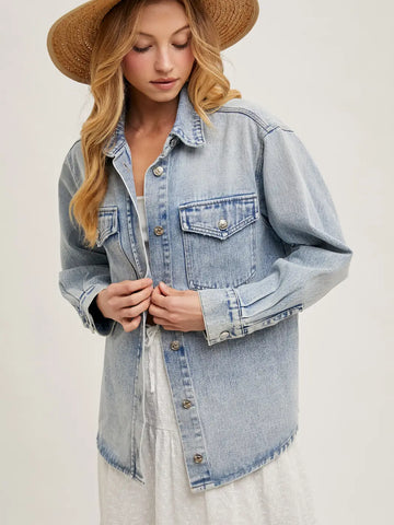 Washed Denim Button Down Shirt Jacket