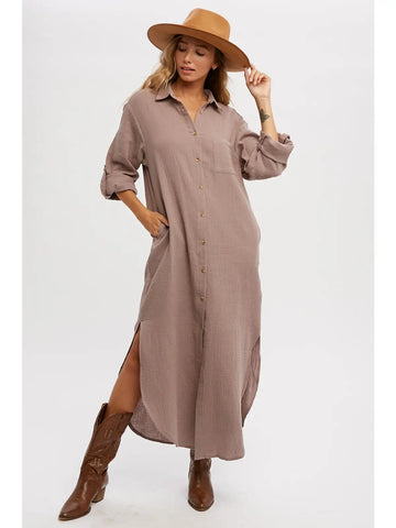 Button Up Maxi Shirt Dress with Pocket