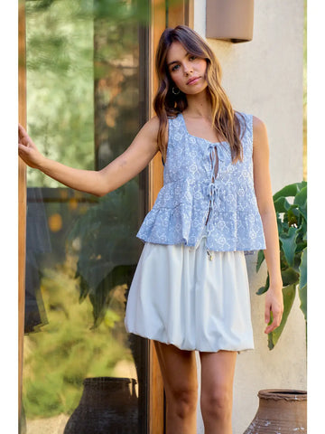 Floral Embroidered Front Tie Sleeveless Ruffle Top
