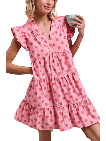 Polka Dot Tiered Ruffle Sleeve Dress