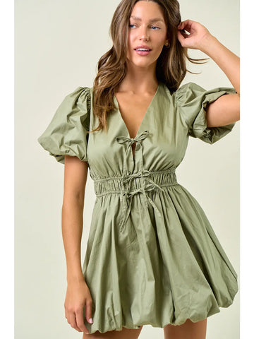 Puff Sleeve Tie Front Bubble Hem Mini Dress