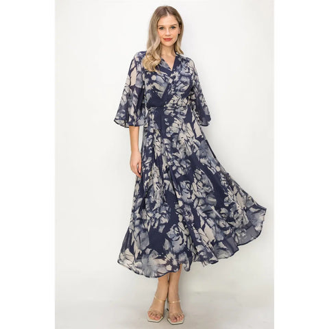 CHIFFON Floral Wrap V-Neck Maxi Dress