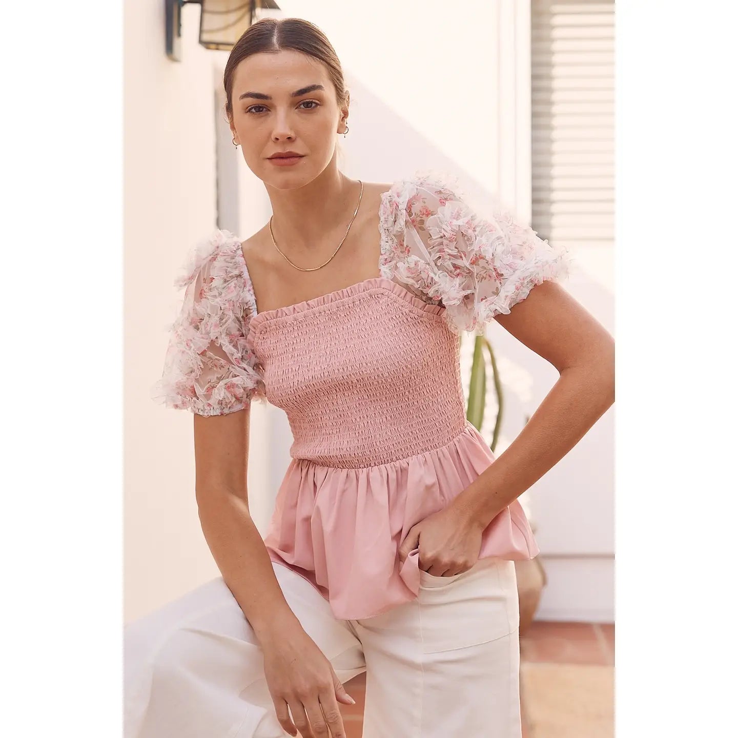 Applique Puff Sleeve Smocked Top