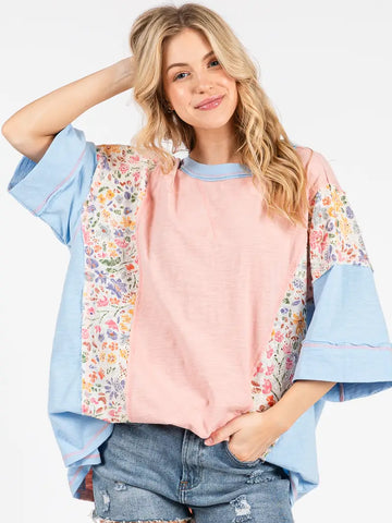Washed Floral Patchwork Oversized Contrast Tee