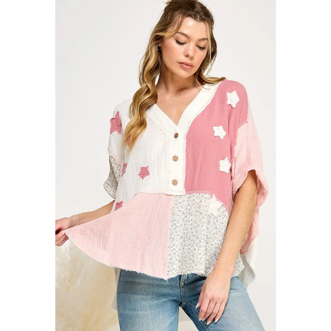 Whimsical Patchwork Star Colorblock Blouse
