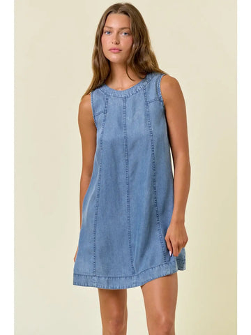 Chambray Round Neckline Sleeveless A-Line Mini Dress