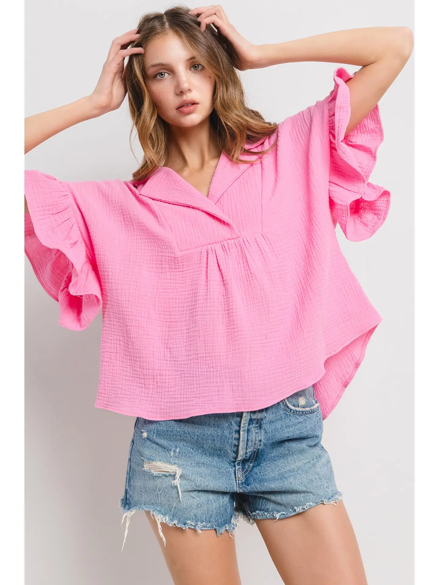 DOUBLE GAUZE WIDE COLLAR TOP-PINK