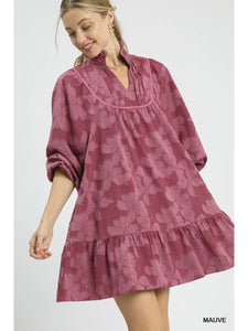 Textured Jacquard Mock Neck Babydoll Dress