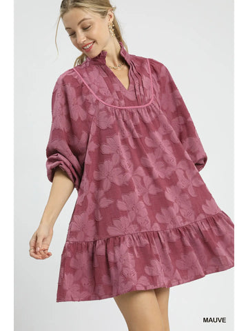 Textured Jacquard Mock Neck Babydoll Dress