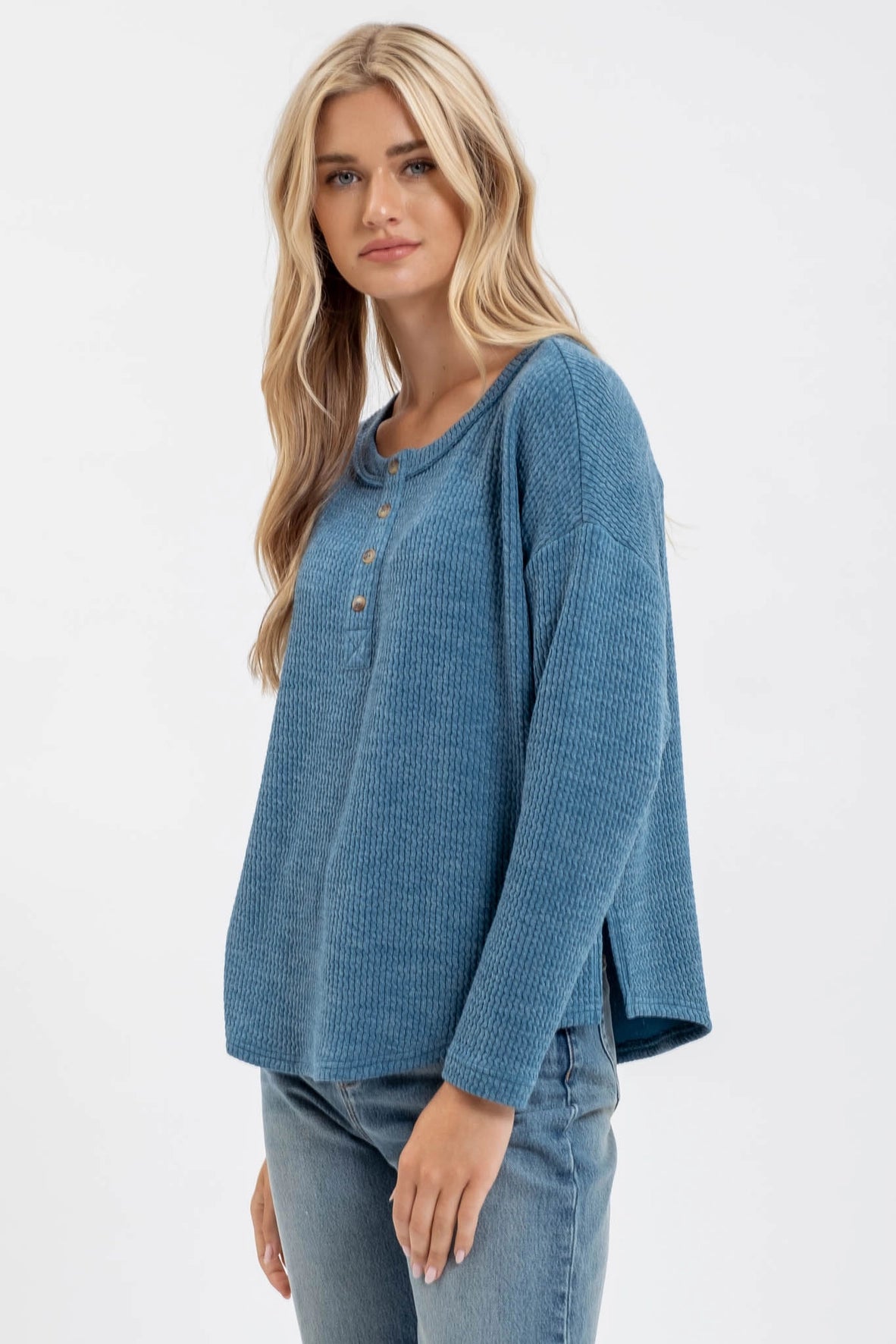 DUSTY TEAL WAFFLE KNIT TOP