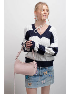 Stripe V Neck Cable Knit Pullover Sweater-navy