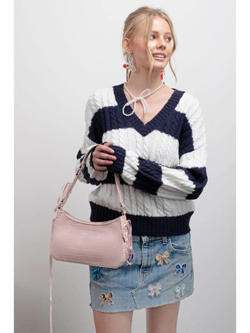 Stripe V Neck Cable Knit Pullover Sweater-navy