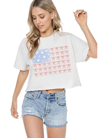 Coquette Bow American Flag Graphic S/S Faux Cropped Tee