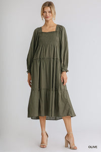 THE SMOCKED LUX DRESS-OLIVE