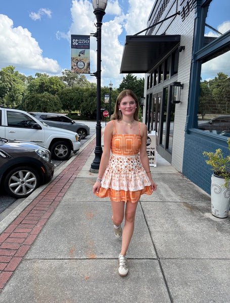 Cami Mini Dress in Colorblock Abstract Pattern ORANGE