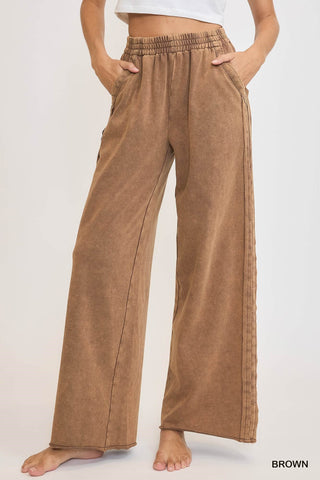 Mineral Washed Wide Leg Pant-Khaki