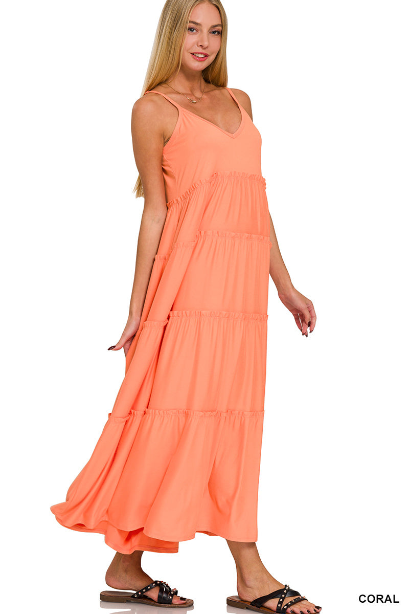 CORAL MAXI TIERED DRESS