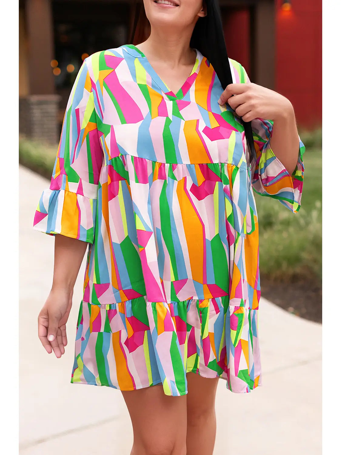 Abstract Ruffled 3/4 Sleeve Mini Dress (S-3X)