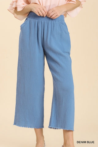WIDE LEG LINEN PANTS- DENIM BLUE