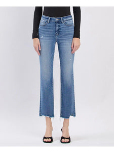 High Rise Uneven Raw Hem Slim Straight Jeans