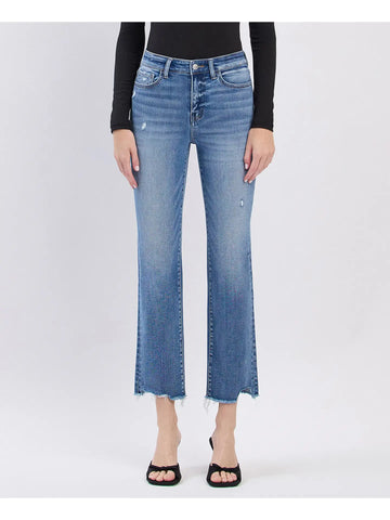 High Rise Uneven Raw Hem Slim Straight Jeans