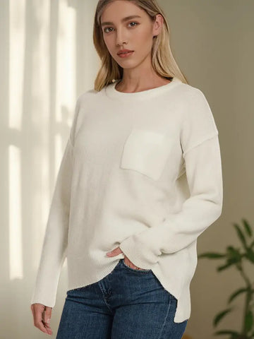 Melange Hi Low Hem Pocket Round Neck Sweater
