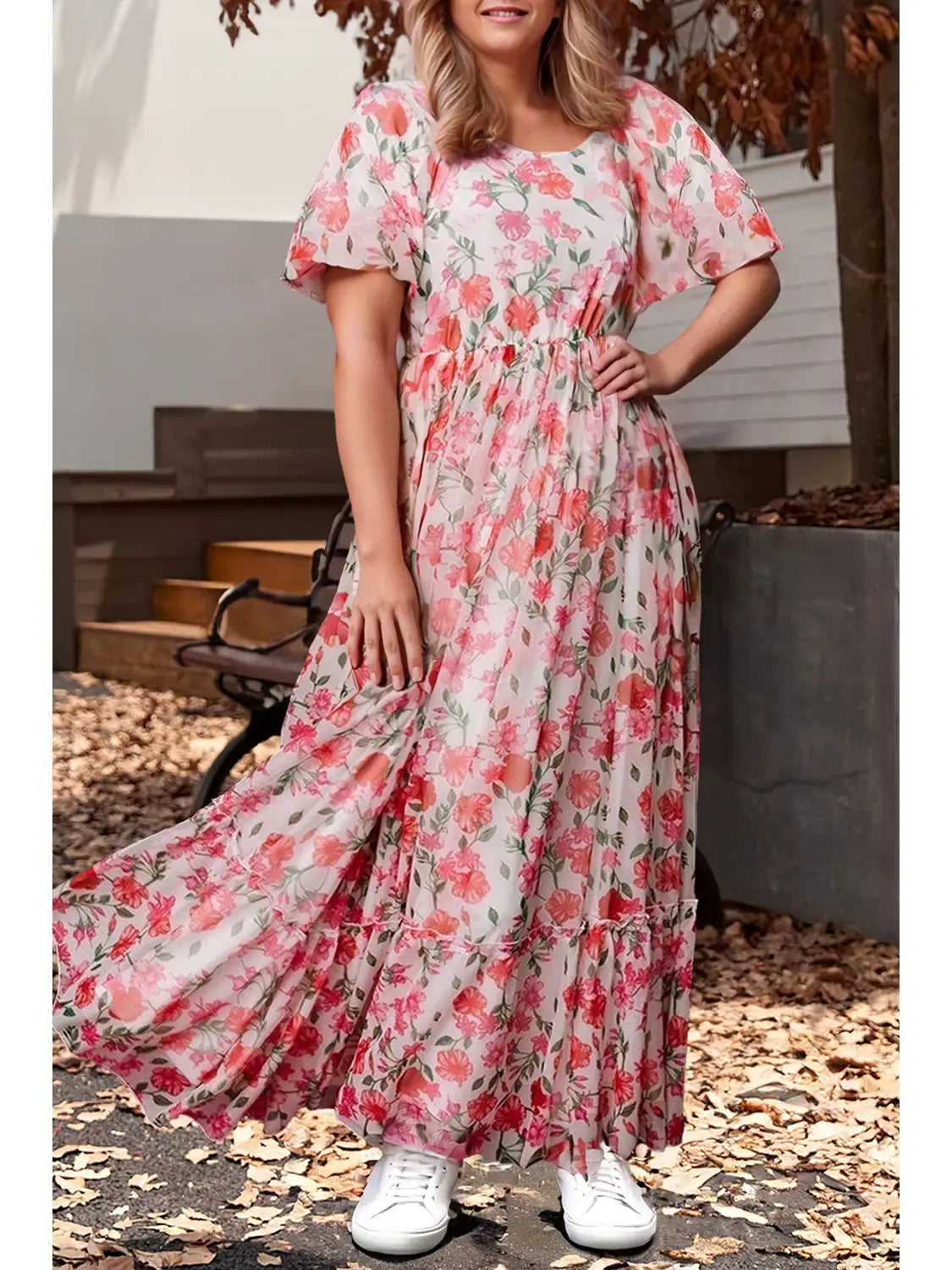 Floral Square Neck Puff Sleeve Ruffle Maxi Dress (S-3X)