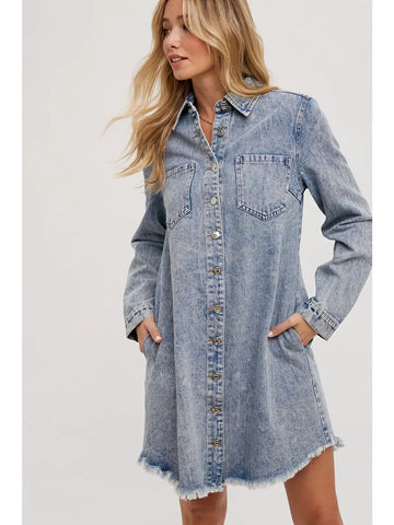 Denim Distressed Longsleeve Shirt Dress