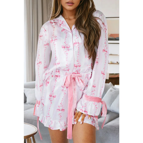 Bow Knot Drawstring Shirt & Shorts Pajamas Set