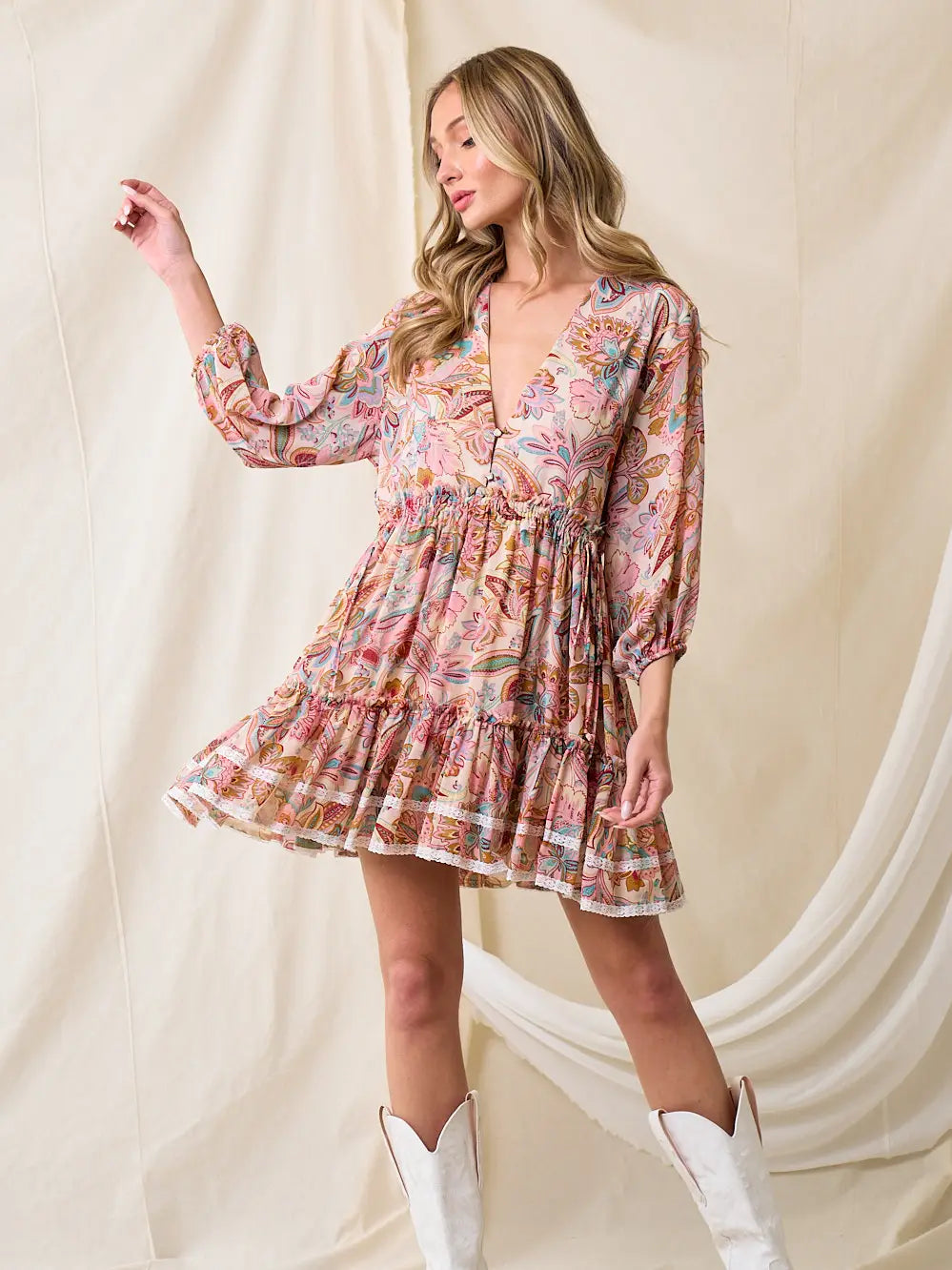Coral Western Style Paisley Floral Tier Dress