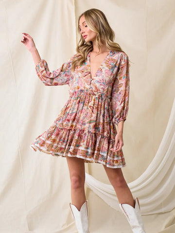Coral Western Style Paisley Floral Tier Dress