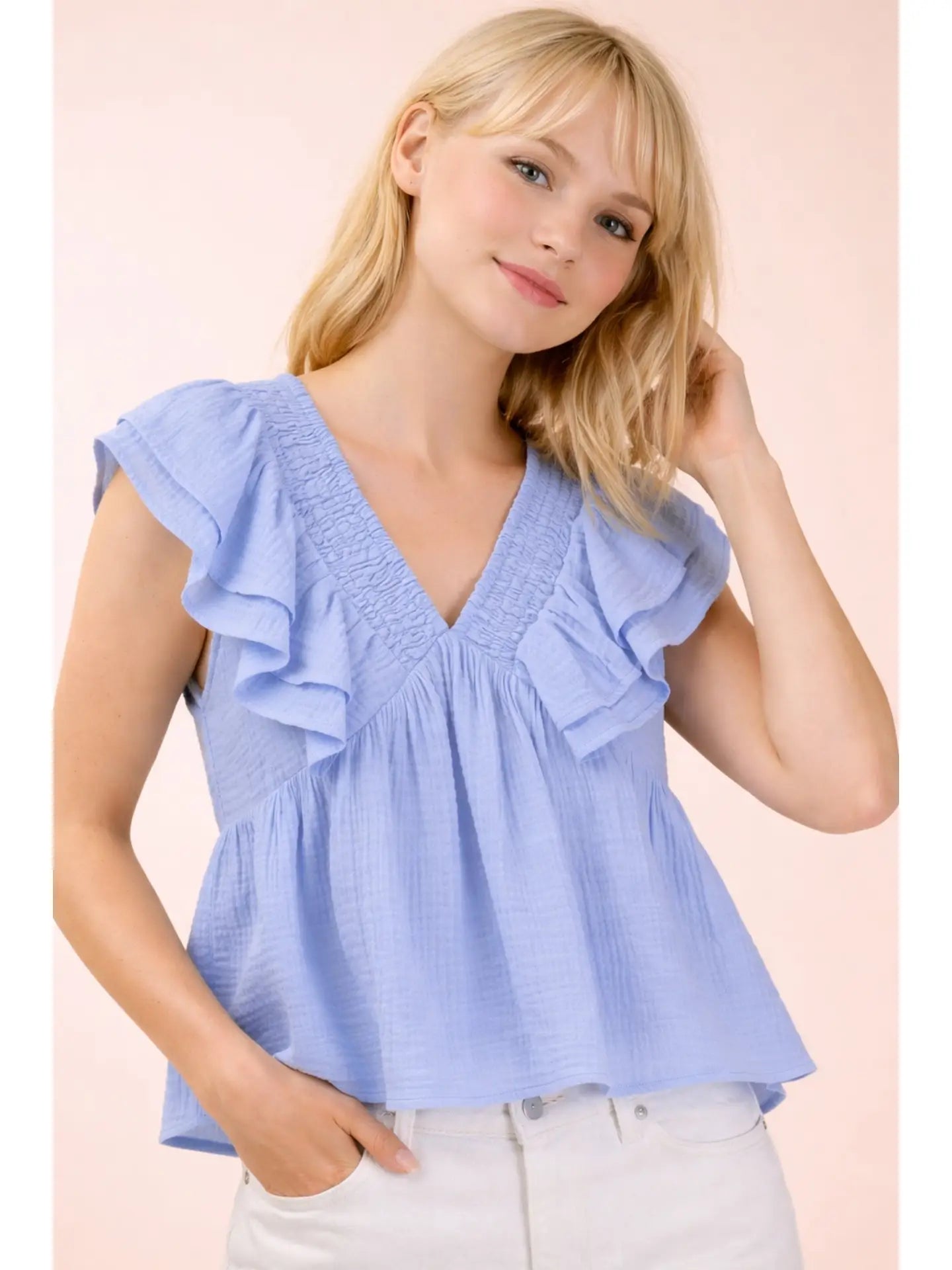 Smocking Detail Ruffle Top-blue – Dear Rosie Boutique