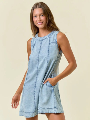 Chambray Round Neckline Sleeveless A-Line Mini Dress