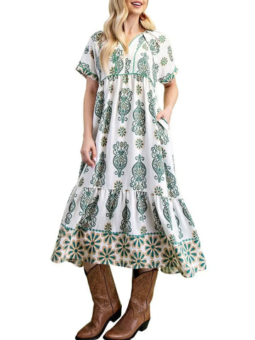 Textured Jacquard Mock Neck Babydoll Dress