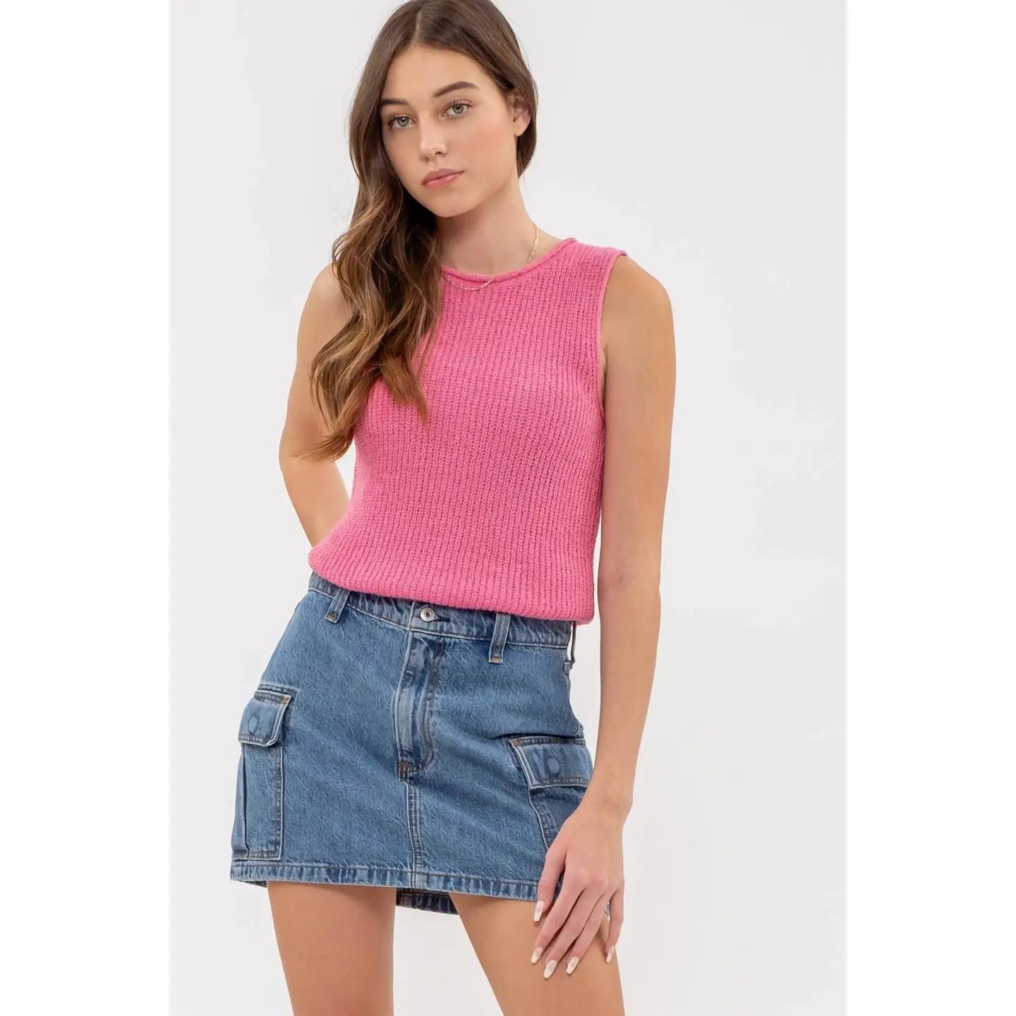 Crochet Sweater Knit Top-PINK