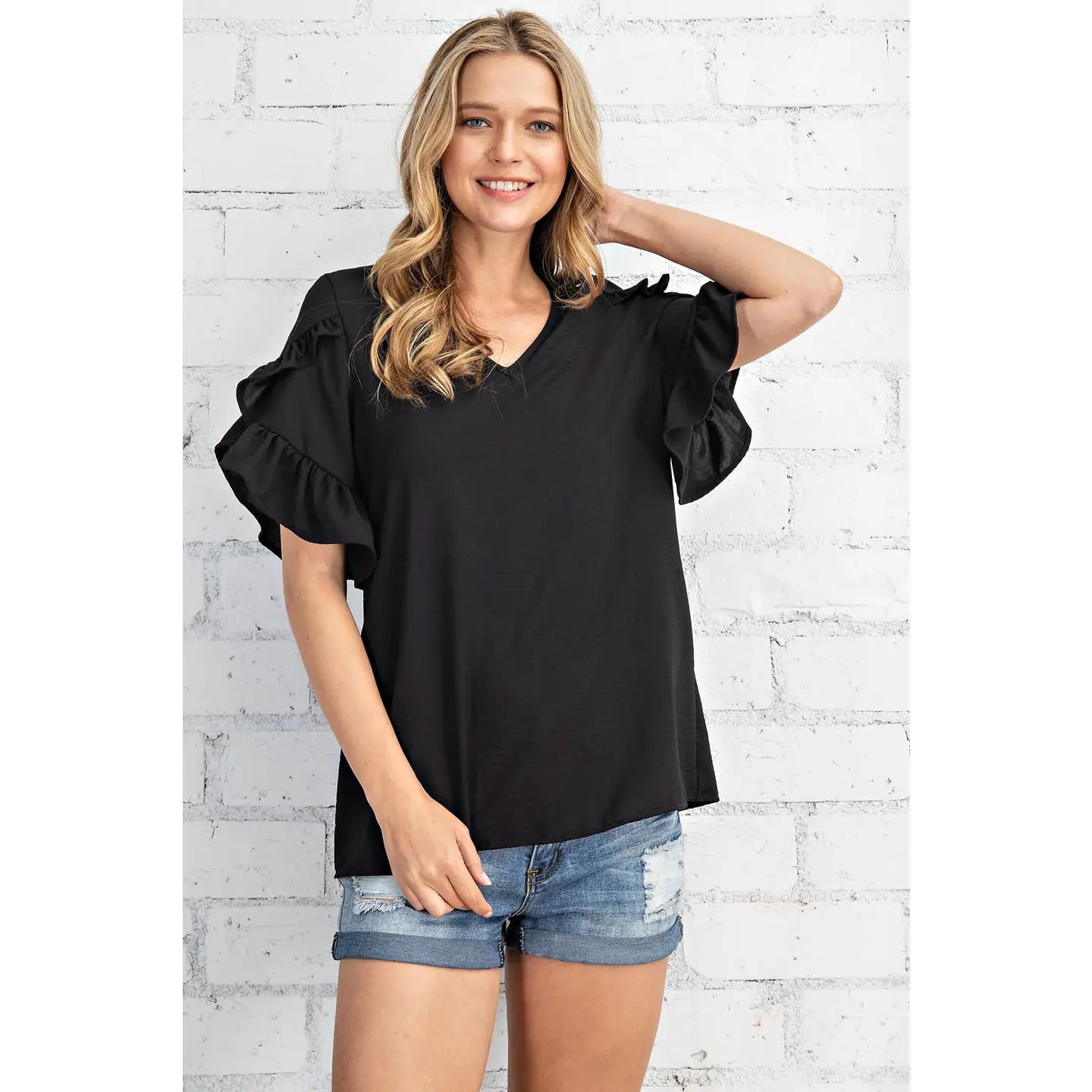 Ruffled Tulip Sleeve V Neck Top-BLACK