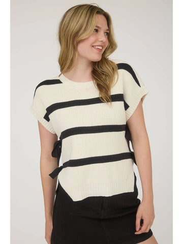 Stripe Side Tie Short Sleeve Knit Sweater cream